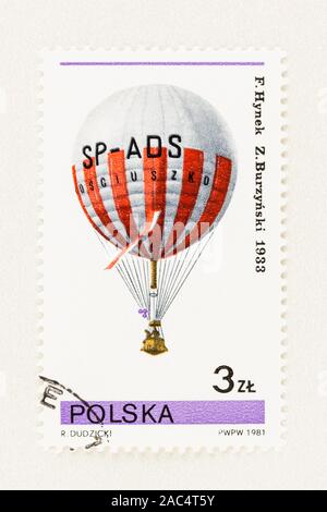 SEATTLE WASHINGTON - October 9, 2019: Polish postage stamp commemorating two Polish balloonists, Hynek and Burzynski, and their record breaking flight Stock Photo