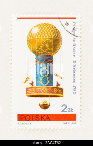 SEATTLE WASHINGTON - October 9, 2019: Polish stamp commemorating 1783 manned untethered Montgolfier hot air balloon flight of D'Arlandes and Rozier. Stock Photo