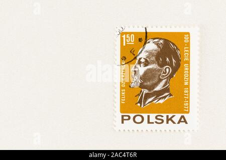 SEATTLE WASHINGTON - October 9, 2019: Polish postage stamp with Polish revolutionary Feliks Dzierzynski, leader of Russian Secret Police. Scott # 2334 Stock Photo