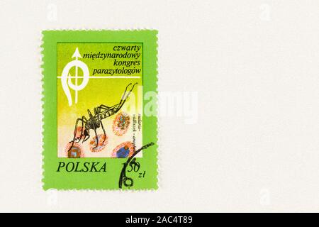 SEATTLE WASHINGTON - October 9, 2019: Polish stamp commemorating  4th congress of parasitologists. Stamp with anopheles mosquito, a malaria carrier. Stock Photo