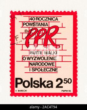 SEATTLE WASHINGTON - October 9, 2019: Used stamp of the PPR, the Polish Worker's Party, commemorating national and social liberation. Stock Photo