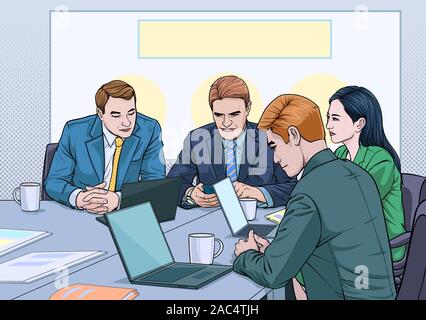 Business People sitting and listening to the meeting at the company Illustration vector On pop art comics style Board background Stock Vector