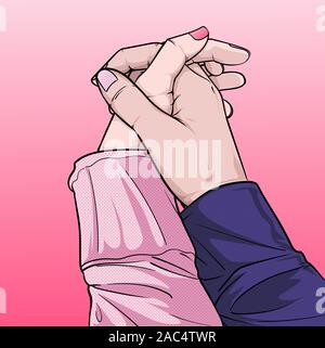 Lovely action Male and female hands Shake hands to represent love Illustration vector On pop art comics style Abstract background Stock Vector
