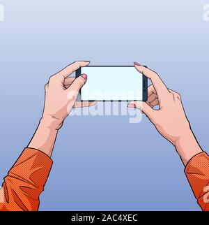 The hand that is playing mobile Illustration vector On art comics style Abstract dot colorful background Stock Vector