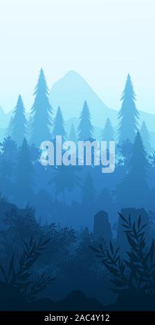 Nature forest Natural Pine forest mountains horizon Landscape wallpaper Sunrise and sunset Illustration vector style colorful view background Stock Vector