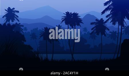 Evening landscape Natural forest mountains horizon and Evening lagoon Landscape wallpaper Illustration vector style Colorful tone background Stock Vector