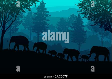The elephants  in the forest Natural jungle green mountains horizon trees Landscape wallpaper Sunrise and sunset  Illustration vector style Stock Vector