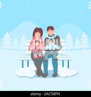 Happy family members in winter clothes sitting on a bench in snowy landscape in hand drawn flat cartoon style Stock Vector