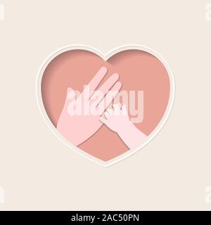 Small hand holding finger of big hand represent mother and baby, in pink heart shaped frame paper art greeting card Stock Vector