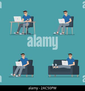 Set of man in casual clothes working on laptop computer sitting at desk, on chair, armchair and lying on sofa in flat cartoon style Stock Vector