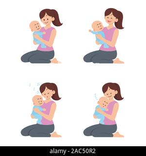 Set of young mother sitting and holding happy baby with different actions, smiling, laughing, lullabying and sleeping in flat cartoon style Stock Vector