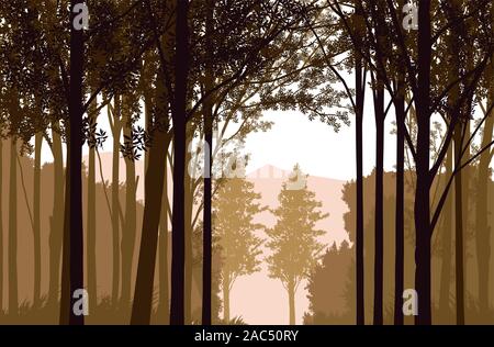 Natural forest Jungle green mountains horizon trees Landscape wallpaper Sunrise and sunset  Illustration vector style Colorful view background Stock Vector