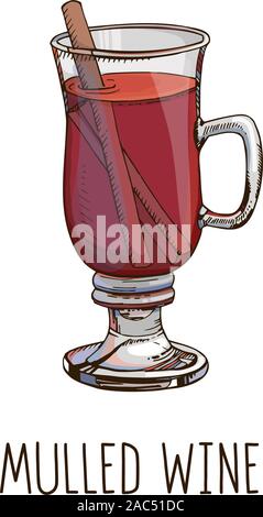 Mulled wine. Set of colorful vector image and modern light narrow lettering isolated on white. Winter time. Popular Christmas drink. Template for wint Stock Vector