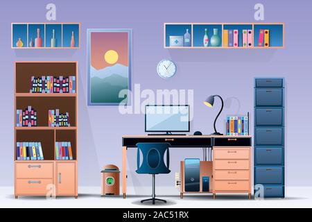 Interior room Office layout Design a comfortable office room Illustration vector On cartoons style Wall colorful background Stock Vector