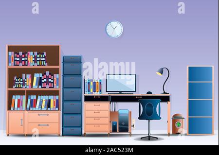 Interior room Office layout Design a comfortable office room Illustration vector On cartoons style Wall colorful background Stock Vector