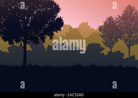 Natural forest Jungle orange horizon trees Landscape wallpaper Sunrise and sunset  Illustration vector style Colorful view background Stock Vector