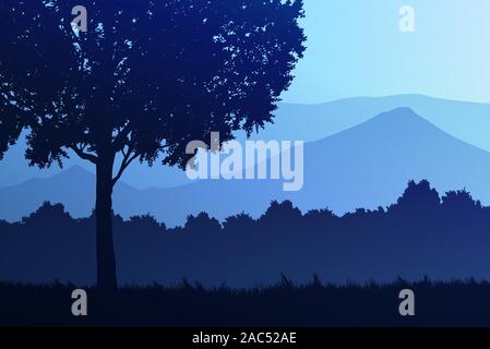 Natural forest Jungle blue horizon trees Landscape wallpaper Sunrise and sunset  Illustration vector style Colorful view background Stock Vector