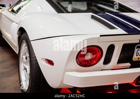 SINSHEIM, GERMANY - OCTOBER 16, 2018: Technik Museum. White sport car with blue stripes. Photo from behind Stock Photo