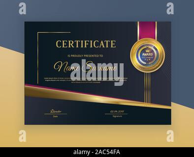 Black certificate with gold red blue design elements. Modern blank with gold emblem Stock Vector