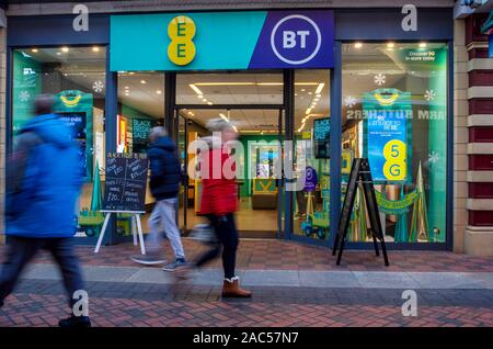 EE & BT, Telecom & Mobile Phone & Broadband shop.  Black Friday Sales in business shopping arcade Chorley Town centre, Lancashire, UK Stock Photo