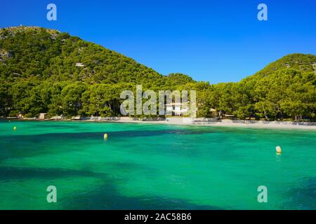 Beautiful Playa Formentor near Port de Pollensa, northern Mallorca, Balearic Islands, Spain. An empty beach and spectacular turquoise water. Stock Photo