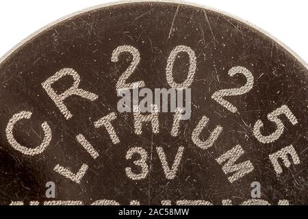 extreme macrophotography of an old scratched CR 2025E battery Stock Photo