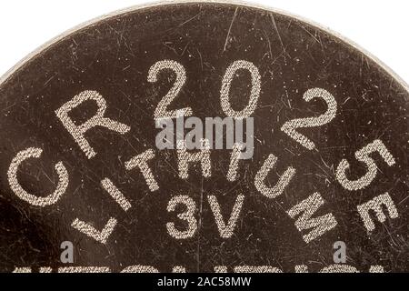 extreme macrophotography of an old scratched CR 2025E battery Stock Photo