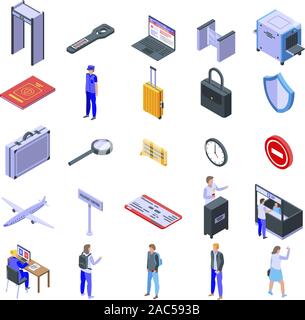 Passport control icons set, isometric style Stock Vector