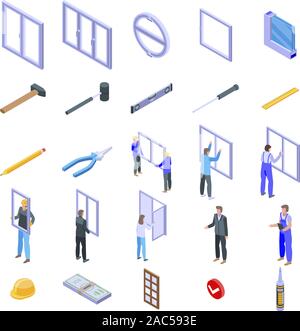 Window installation icons set, isometric style Stock Vector