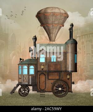 Surreal steampunk vehicle with an hot air balloon Stock Photo