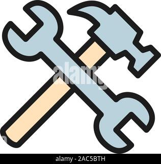 Vector hammer with wrench flat color icon. Stock Vector