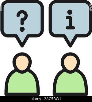 Client and employee with chat cloud, faq and answers flat color icon. Stock Vector
