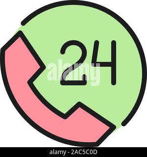Round clock hotline, 24 hours service, help time flat color icon. Stock Vector