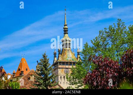 Sighisoara, Romania, May 15, 2019: Citadel Square in Sighisoara. Stunning view of medieval city and Clock Tower built by Saxons, Transylvania, Romania Stock Photo