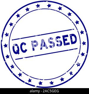 Grunge blue QC (quality control) passed word with star icon round rubber seal stamp on white background Stock Vector