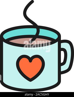 Hot cup with heart, valentine day flat color icon. Stock Vector