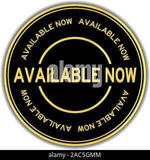 Gold color available now word round sticker on white background Stock Vector