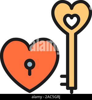 Key with heart lock, valentine day flat color icon. Stock Vector