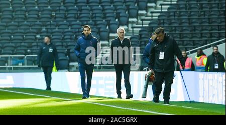 Tottenham manager Jose Mourinho strolls around the pitch  before the Premier League match between Tottenham Hotspur and AFC Bournemouth at the Tottenham Hotspur Stadium London, UK - 30th November 2019 - Editorial use only. No merchandising. For Football images FA and Premier League restrictions apply inc. no internet/mobile usage without FAPL license - for details contact Football Dataco Stock Photo