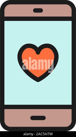 Smartphone with heart on display, love message flat color icon. Stock Vector
