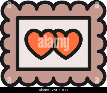 Photo frame with two hearts, valentine day flat color icon. Stock Vector