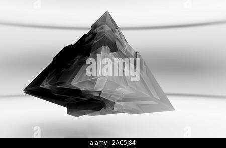 Abstract black flying pyramid, crystal  object with chaotic fragmentation is in an empty white interior, 3d rendering illustration Stock Photo