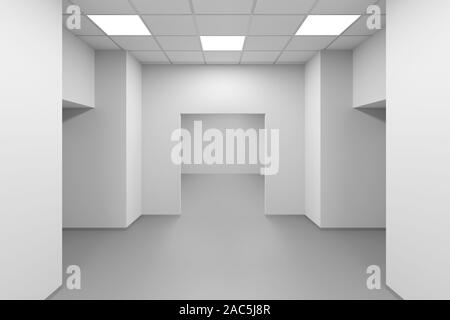 White empty corridor, symmetrical modern office interior background, 3d rendering illustration Stock Photo