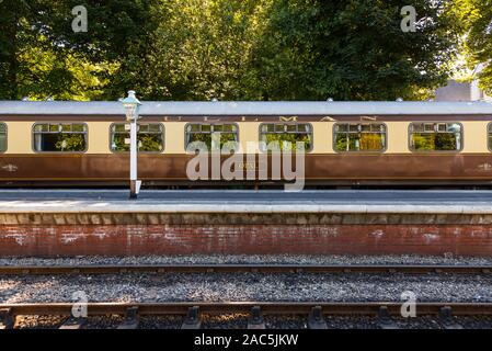 A Pullman railway carriage in Grosmont Station on the North Yorkshire Moors Railway. Pullman was a luxury railway service operating in Great Britain. Stock Photo