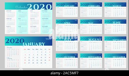 2020 desk calendar design in blue and white. Week starts on Sunday. Current month with previous and next ones. Simple calendar template, copy space Stock Vector