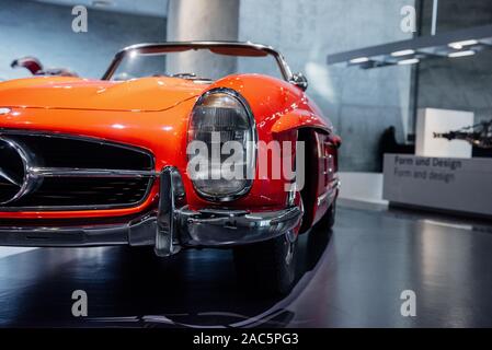 STUTTGART, GERMANY - OCTOBER 16, 2018: Mercedes Museum. Bright front of the nice retro car Stock Photo