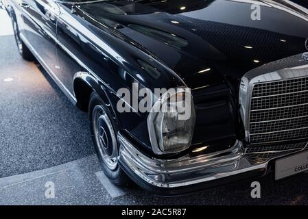 STUTTGART, GERMANY - OCTOBER 16, 2018: Mercedes Museum. Particle view of the classical black poloshed sedan Stock Photo