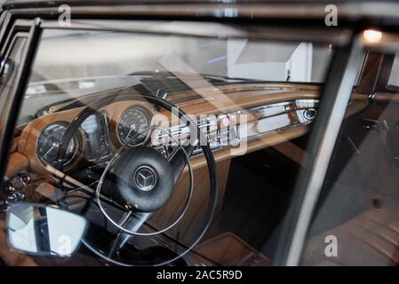 STUTTGART, GERMANY - OCTOBER 16, 2018: Mercedes Museum. Interior of the retro brown colored car Stock Photo