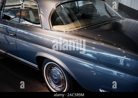 STUTTGART, GERMANY - OCTOBER 16, 2018: Mercedes Museum. Part of the classical blue automobile parked indoors Stock Photo