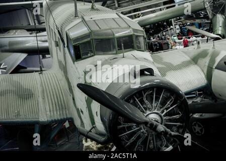 SINSHEIM, GERMANY - OCTOBER 16, 2018: Technik Museum. People at background. Historical old airplanes indoors at the exhibition Stock Photo